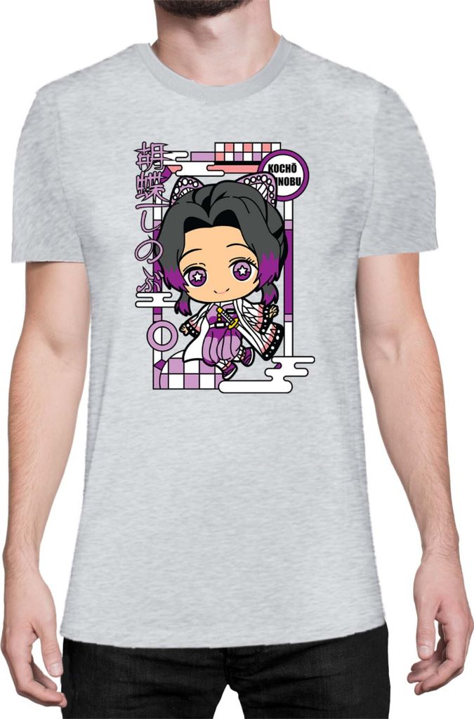 Herren T-Shirt Demon Anime Slayer Kimetsu No Yaiba Chibi Kocho Shinobu, Man XL / Grau