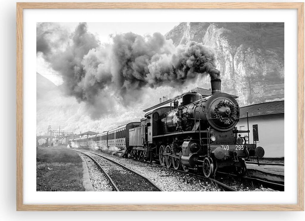 Gerahmtes Poster - Rahmen in heller Eiche - Zug Schwarzweiß Rauch - 70x50 cm - Wand Bild - Wanddeko - Wandbilder - Wandposter - Bilderrahmen - Bil...