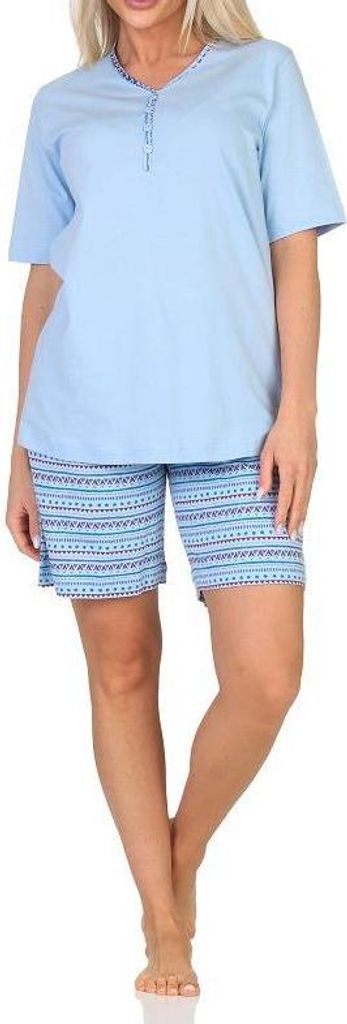 Normann Damen kurzarm Schlafanzug Shorty Pyjama im Ethnolook - auch in Übergrössen ; blau , 44