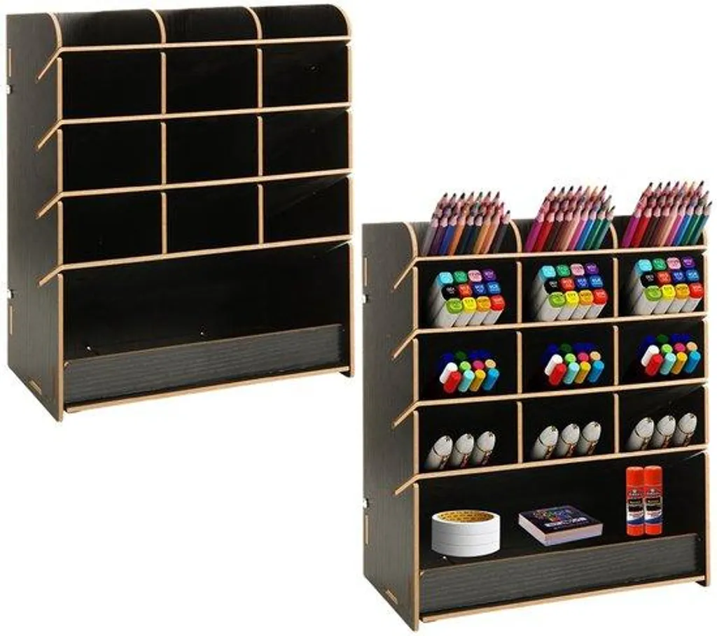 Boîte de rangement bois noir robuste : Organiseur 3 niveaux gain de place