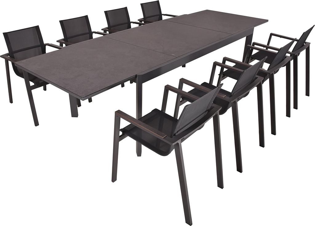 Garten-Sitzgruppe EIKE 9-tlg. - Kunststoff, Dunkelgrau | Gartenmöbel-Set Gartengarnitur Garten-Essgruppe mit Stapelstühlen und Esstisch ausziehbar