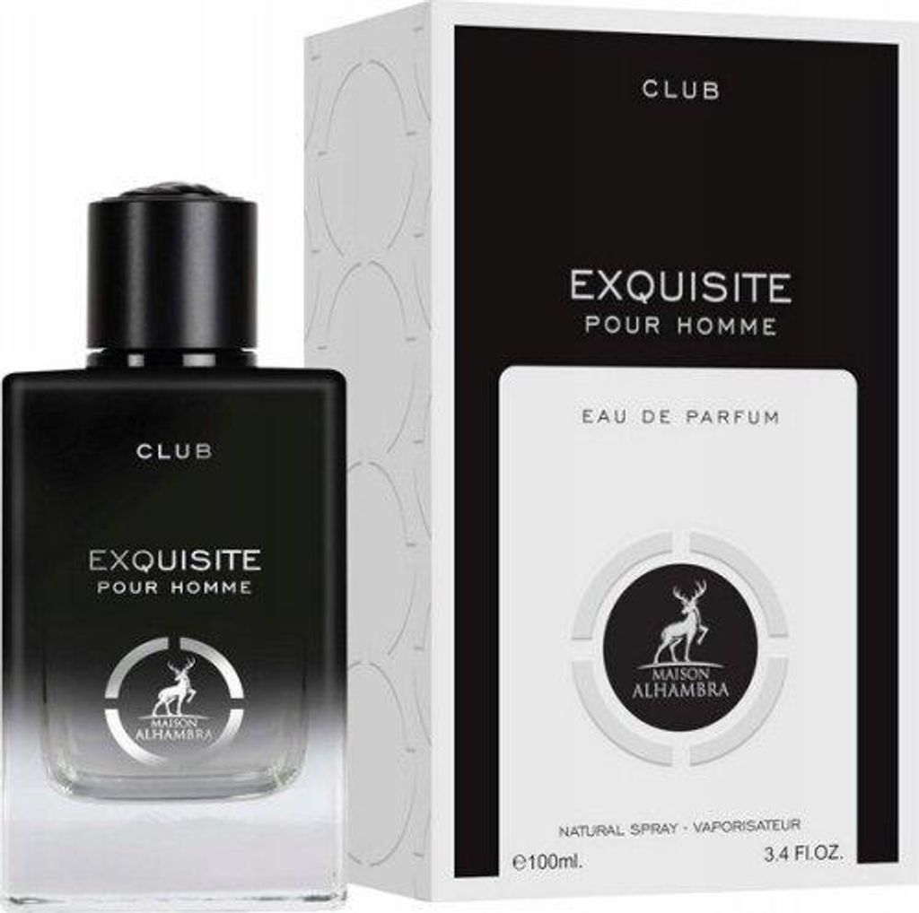 A perfume bottle and its packaging are displayed against a neutral background.