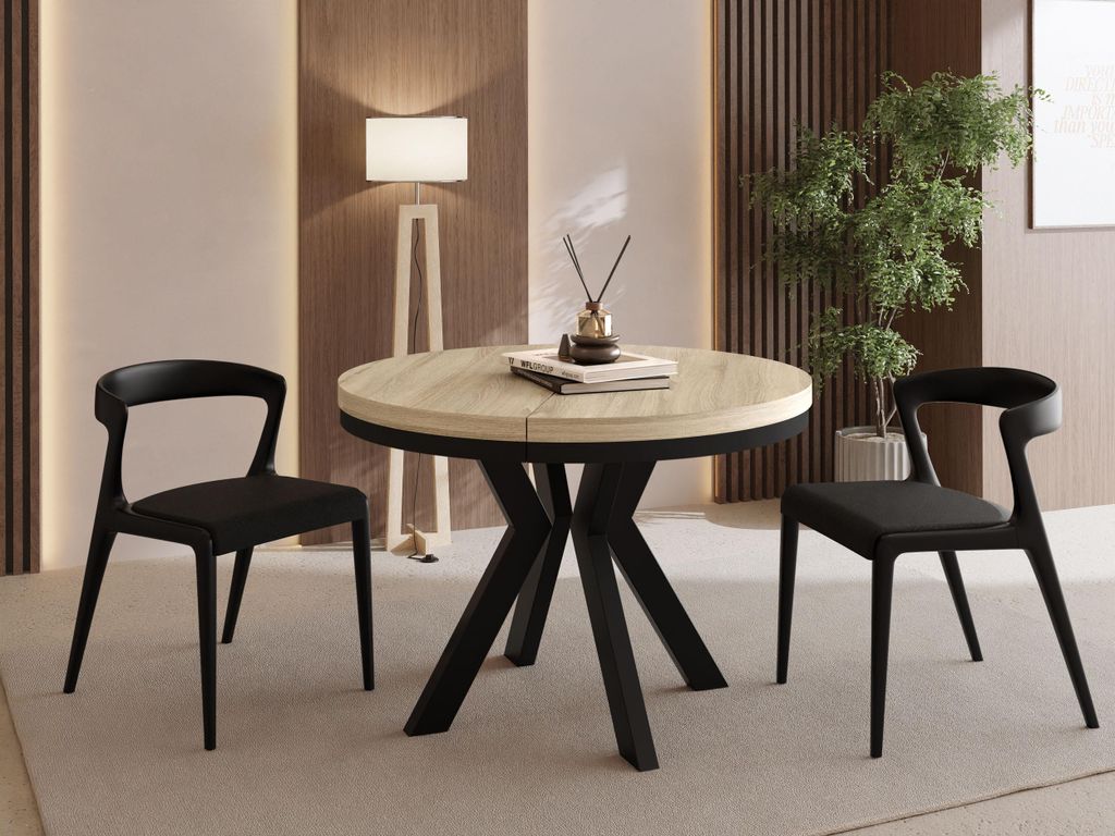 Runder Esstisch Ausziehbar 100-300 cm XXL Groß – Verlängerbar, für 5-14 Personen mit Schwarzen Holzbeinen & Metallring – Tisch für Wohnzimm...