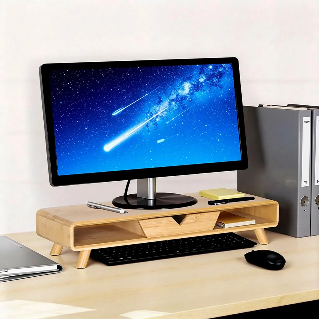 Socle écran ergonomique en bambou durable - Support avec tiroir intégré