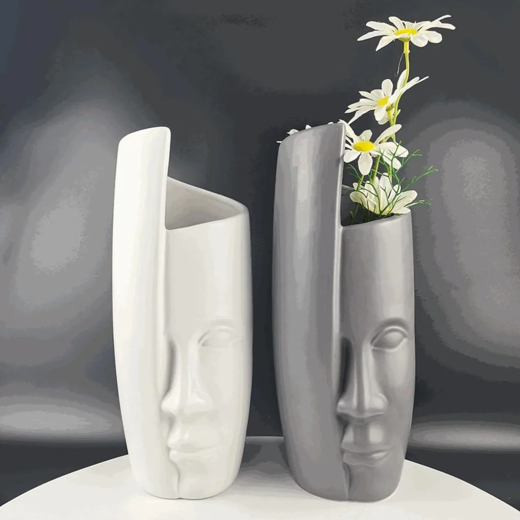 Vase visage en céramique blanche, statuette décorative design de 31 cm