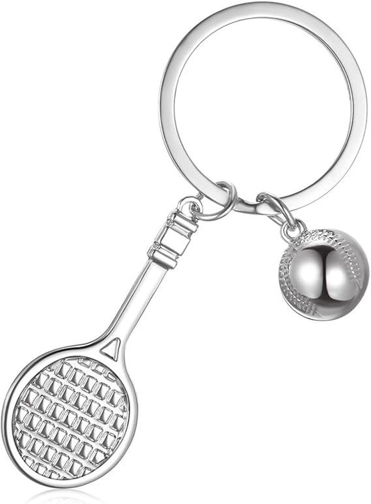 Porte-cles Sportif en Métal mit Mini-Raquette und Ball de Tennis, Argenté, ideal für Amateure des Tennis