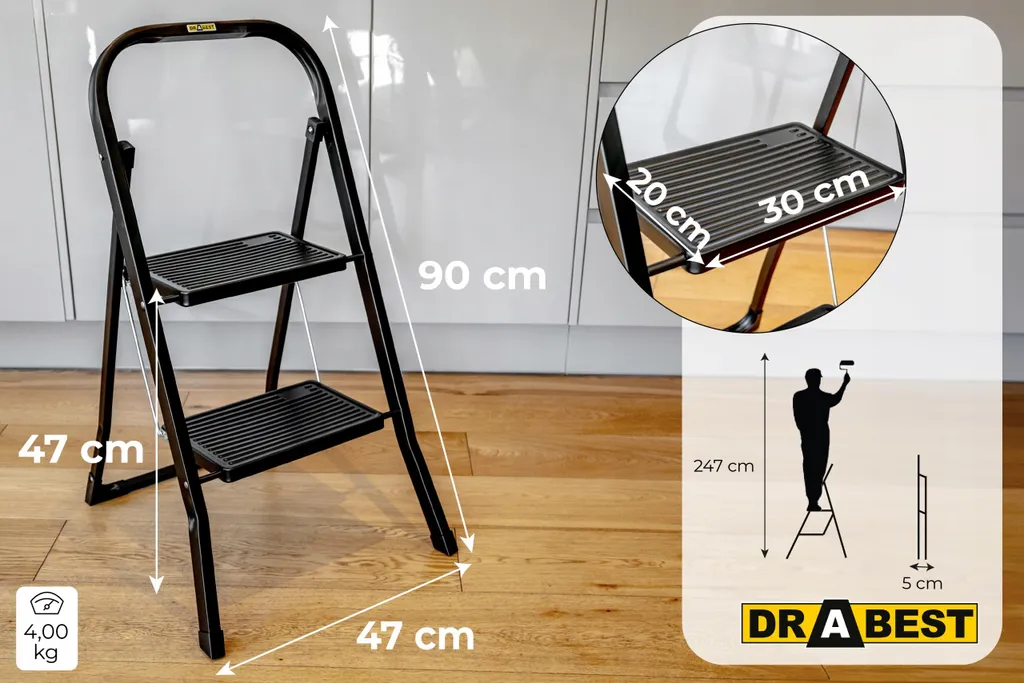 Drabest Échelle 2 marches Noir : Escabeau pliable stable et léger - 2