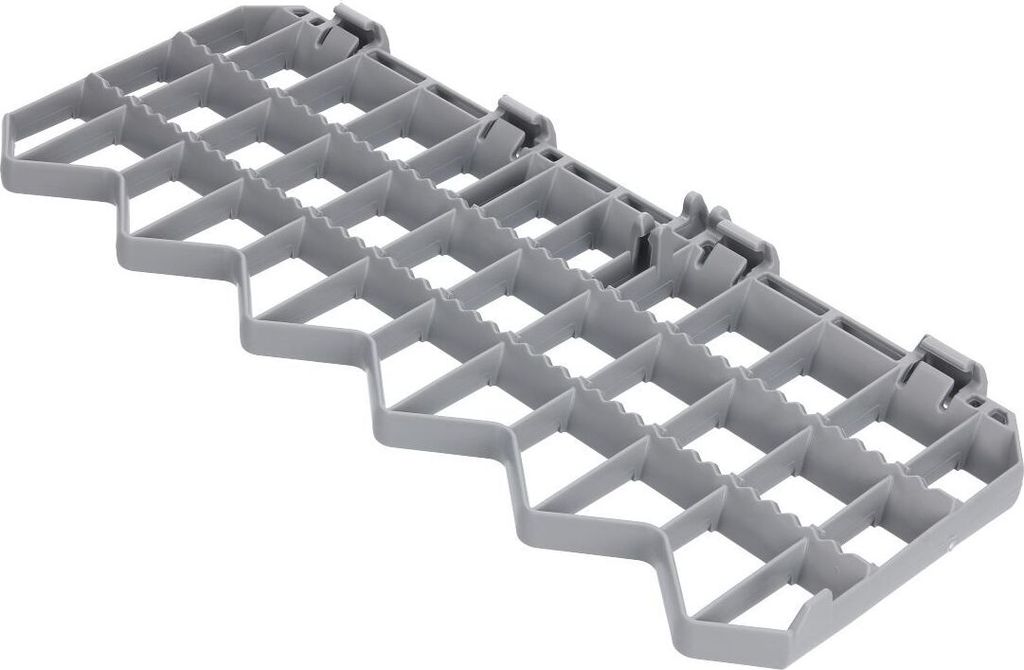 A gray plastic rack with a grid pattern, likely for a dishwasher.
