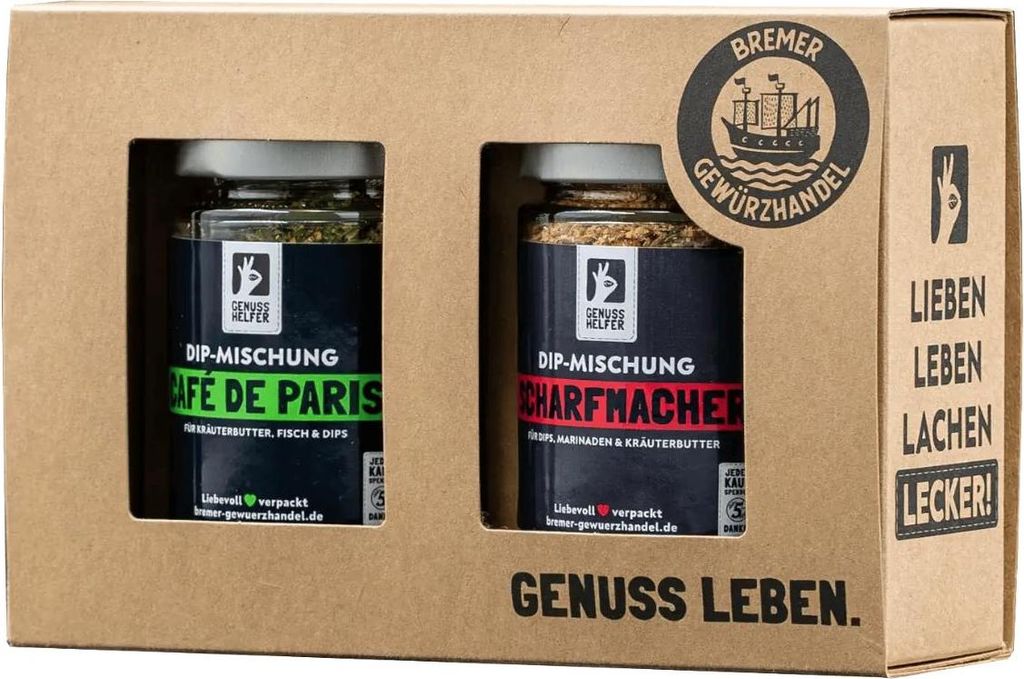 Dip-Set, 2 verschiedene Gewürzmischungen für Dips in Gläsern, scharfer Dip, Kräuterbutter und Kräuterquark zum selber machen, 150g