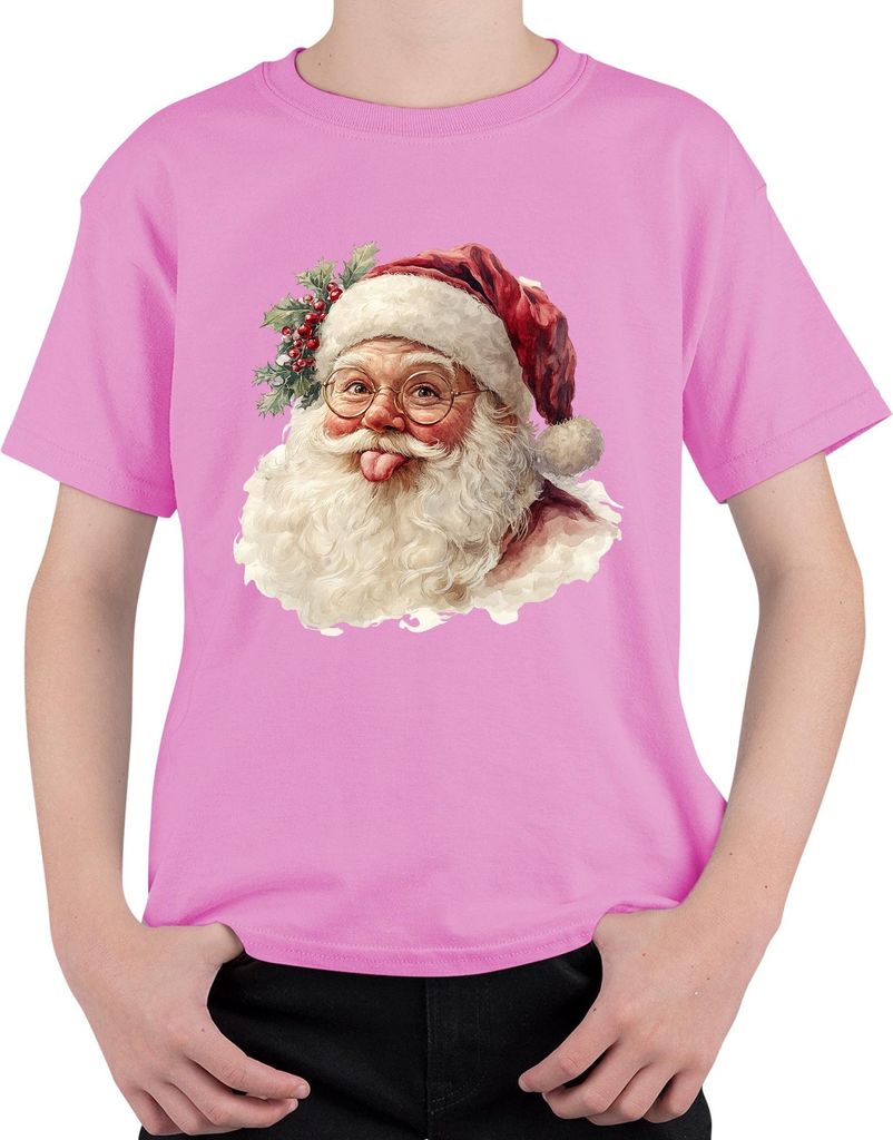 Weihnachtsmann Zunge raus Brille Stechpalme Lustig Aquarell Uni Kinder T-Shirt, Pink, 128