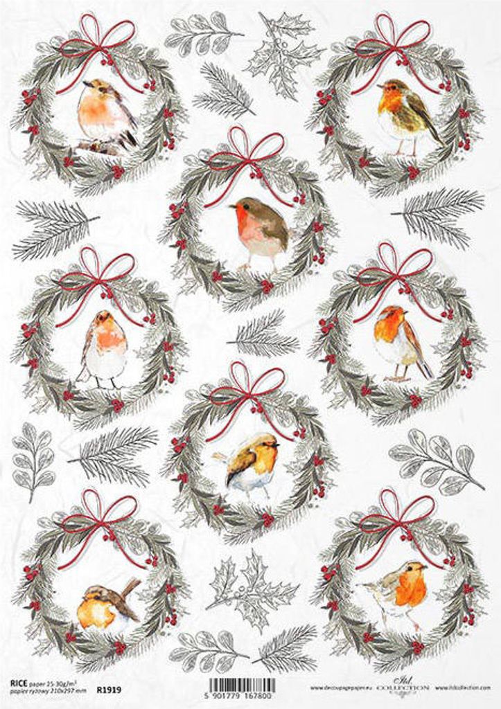 ITD Reispapier Decoupage Bastelpapier Serviettentechnik, R1919 Weihnachtsgirlanden, Vögel