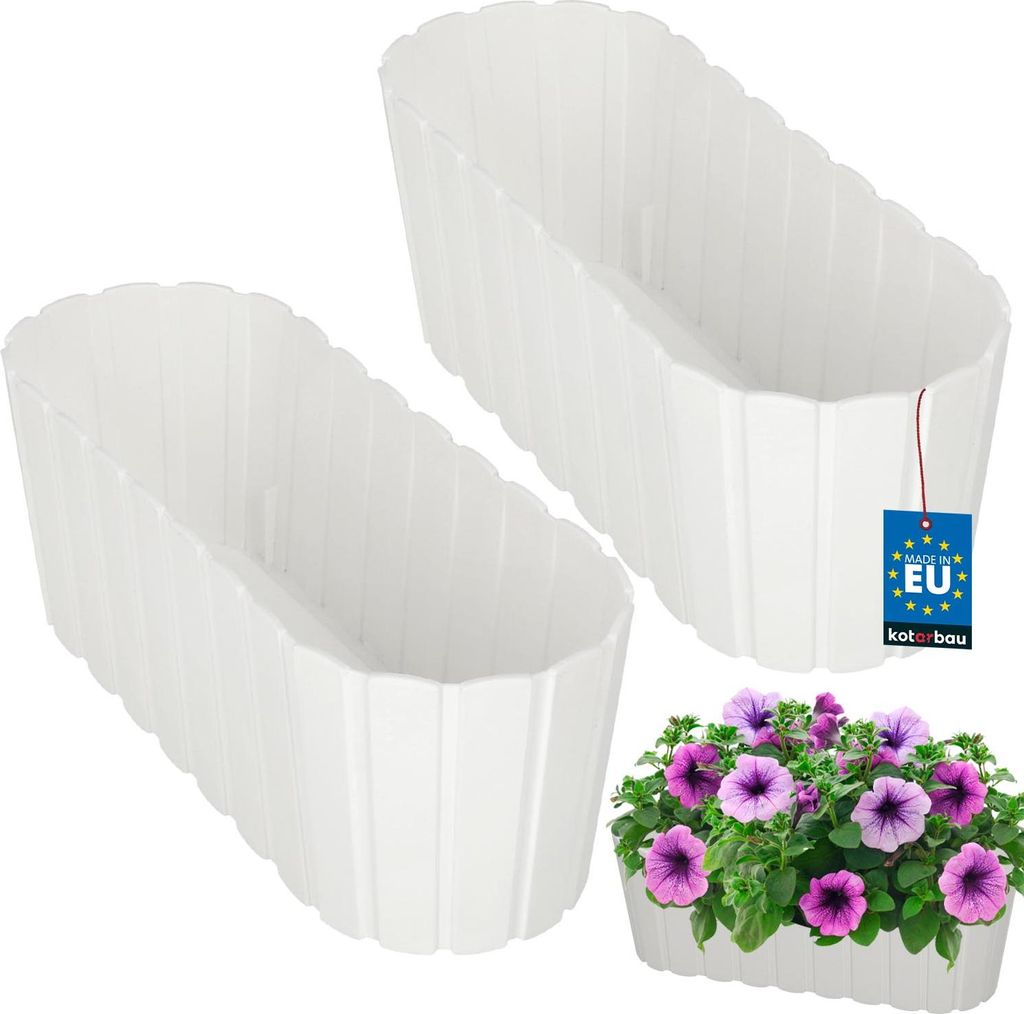 KOTARBAU 2er Set Blumenkasten Balkon Blumentopf 40x13x13cm Weiß Pflanzkübel Pflanzkasten Pflanzentopf Kunststoff Balkonkasten Rustikal Übertop...