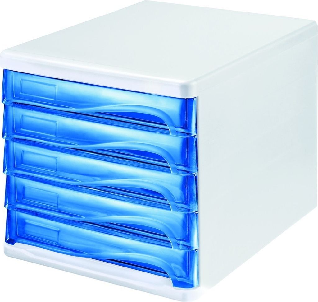 Schubladenbox 5 Schübe blau transluzent/lichtgrau Packung mit 4 Stück