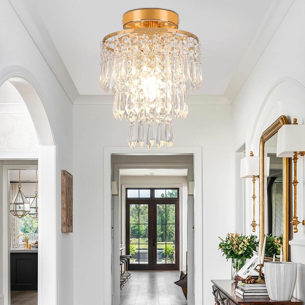 Kristall-Deckenleuchte - Dreistufige Plafondlampe - Größe 20×20×28 cm - E14 Fassung - Dimmbar, Farbwechsel-LED - Oberflächenmontage - Gold