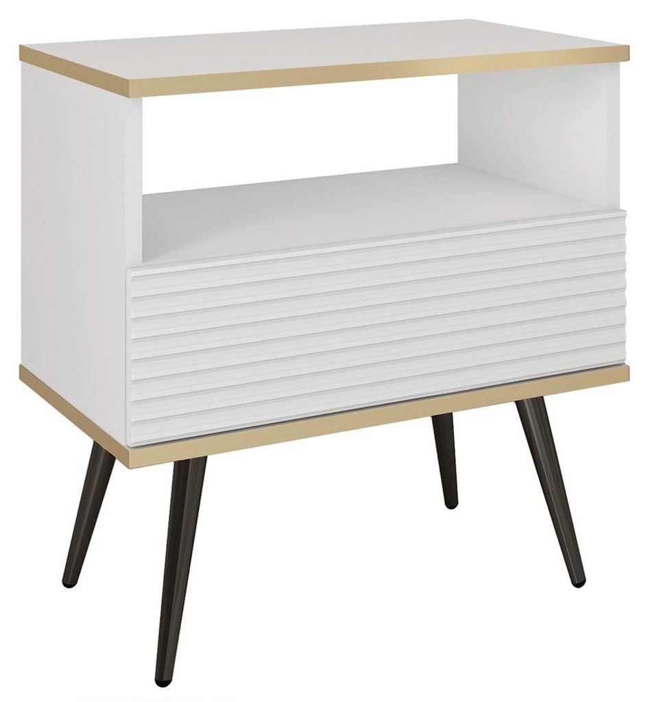 Schlafzimmer Nachttisch mit 54 cm Breite in Weiß, Rillenfront & schwarzen Füßen - OLOVO-160