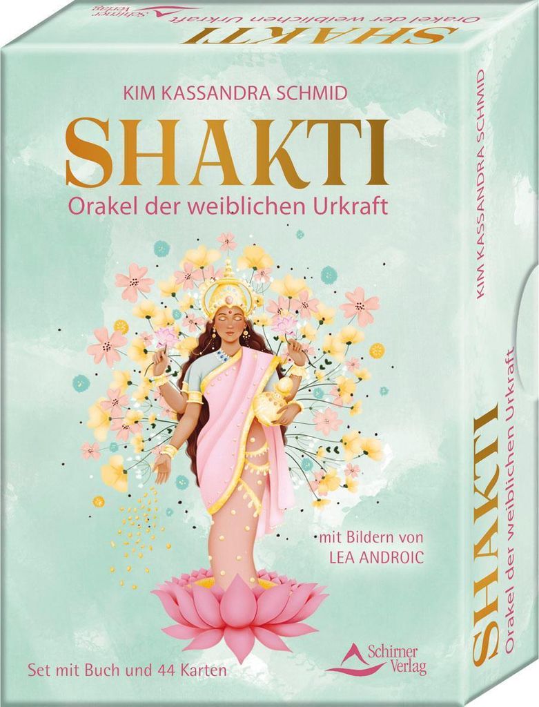 The image shows the front and side packaging of a tarot or oracle card deck. The front features an illustration of a multi-armed goddess on a lotus flower surrounded by floral elements. The side panel displays the product title and author.