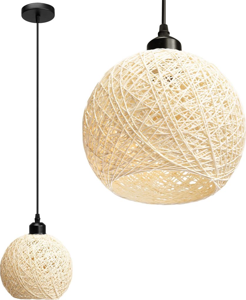 A close-up and a full view of a beige pendant light.