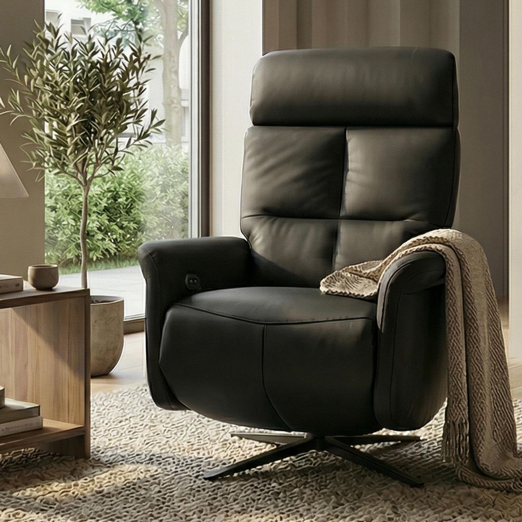 Relaxsessel HWC-L10, TV-Sessel Liegesessel, Liegefunktion drehbar, elektrisch verstellbar Voll-Leder schwarz