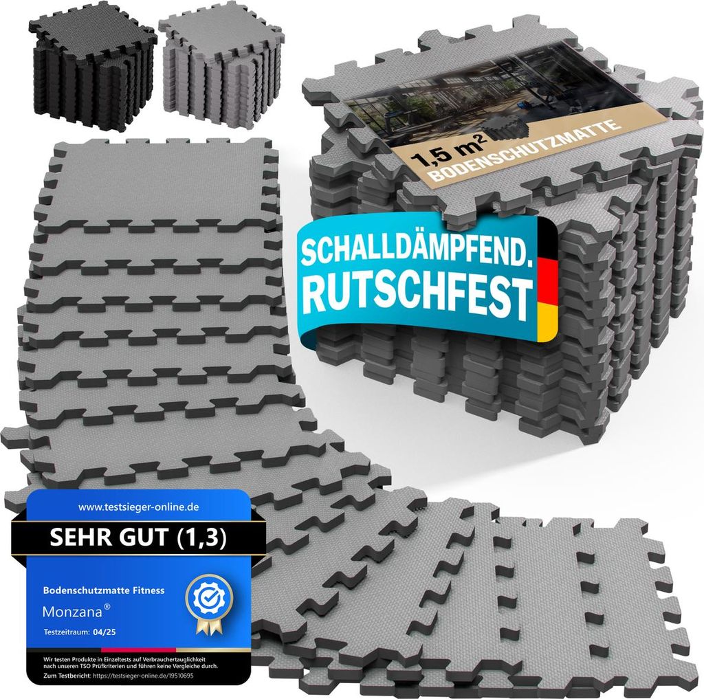 MONZANA 18x Bodenschutzmatten Fitness & Pool mit Randstücken 30 x 30 cm 1,5 qm Rutschfest EVA-Schaumstoff Puzzlematte Trainingsmatten Fitnessger...