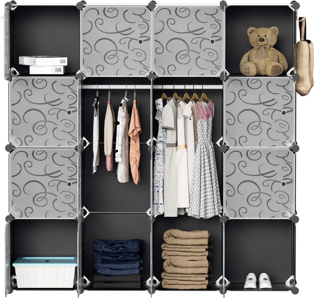 TolleTour 16 Boxen DIY Regalsystem Kleiderschrank Garderobenschrank Schrank Steckregal 140x140x35cm Schwarz und weiß