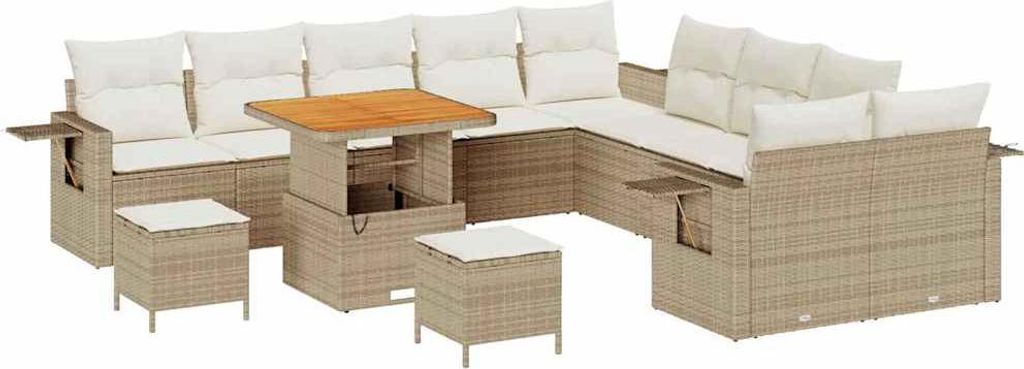 vidaXL Gartensofa-set mit Kissen mit Speicher 13 pcs Beige Poly-Rattan