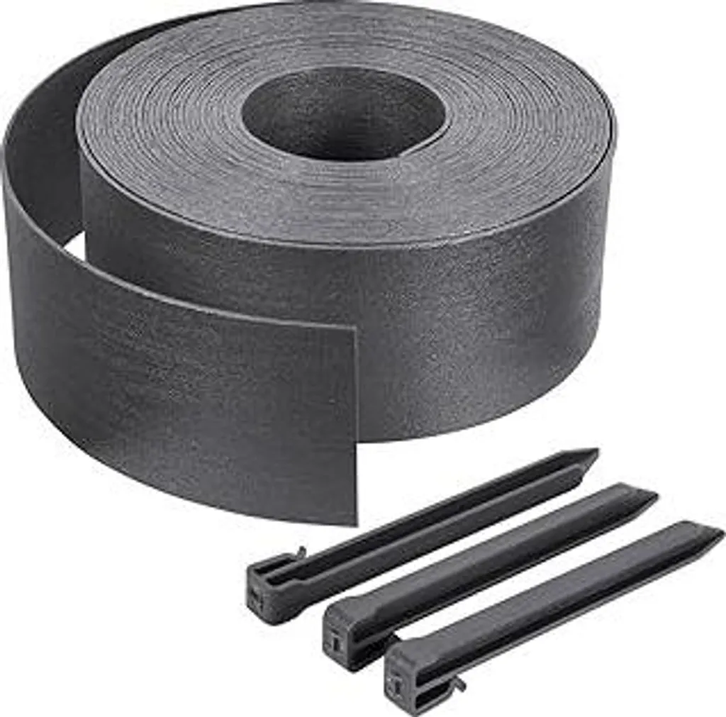 Bordo per prato flessibile in PE, bordatura per aiuole con 12 picchetti di fissaggio, lunghezza 20 m, altezza 13 cm, spessore 3 mm, grigio