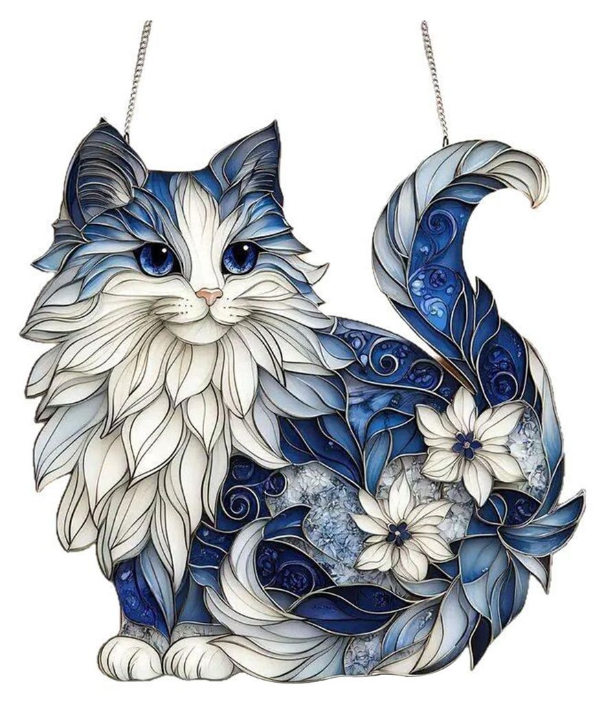 Sonnenfänger Blau-Weiße Katze Dekorative Licht Hängende Dekoration Katzenwandkunst Charme Innen- und Außengartendekoration A