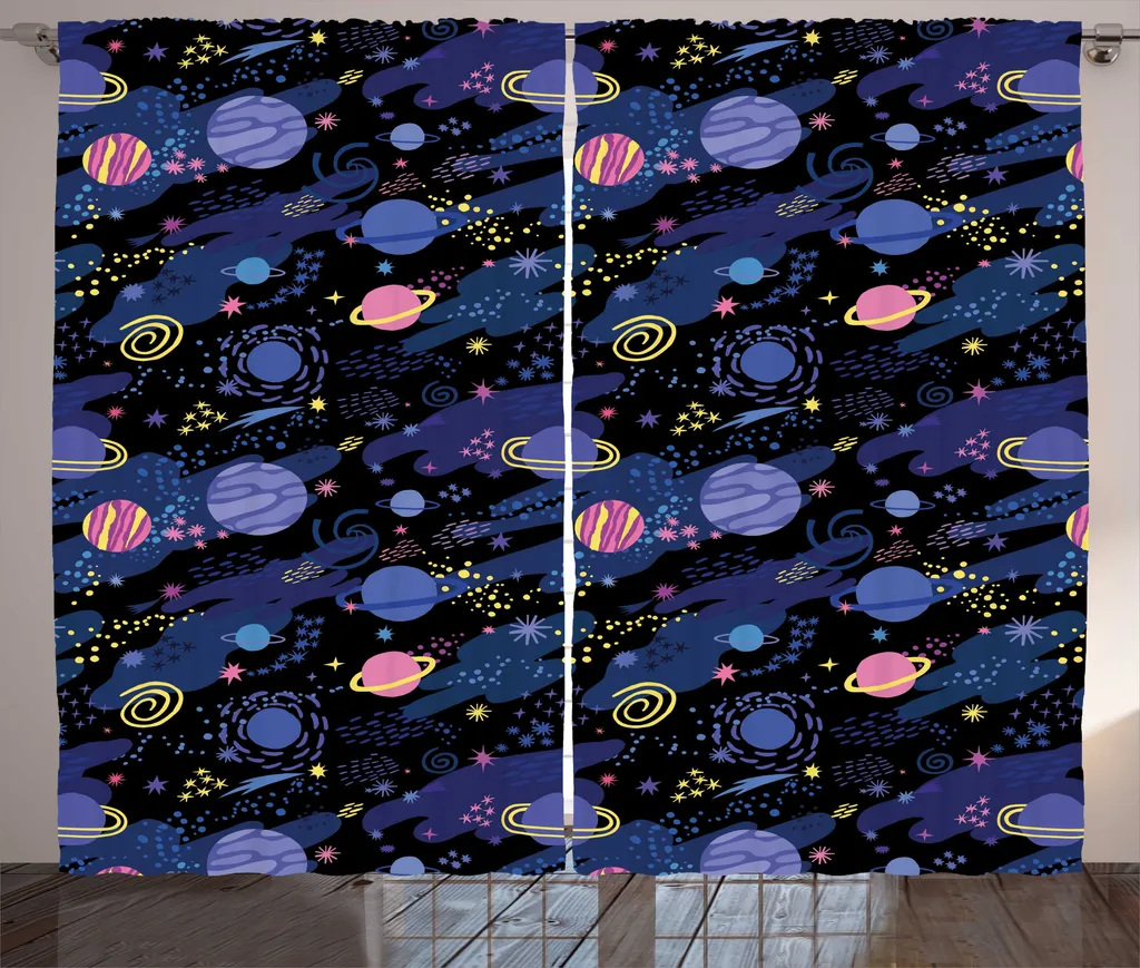 Rideau à fronces motif Espace et Planètes en tissu rustique 280x225cm