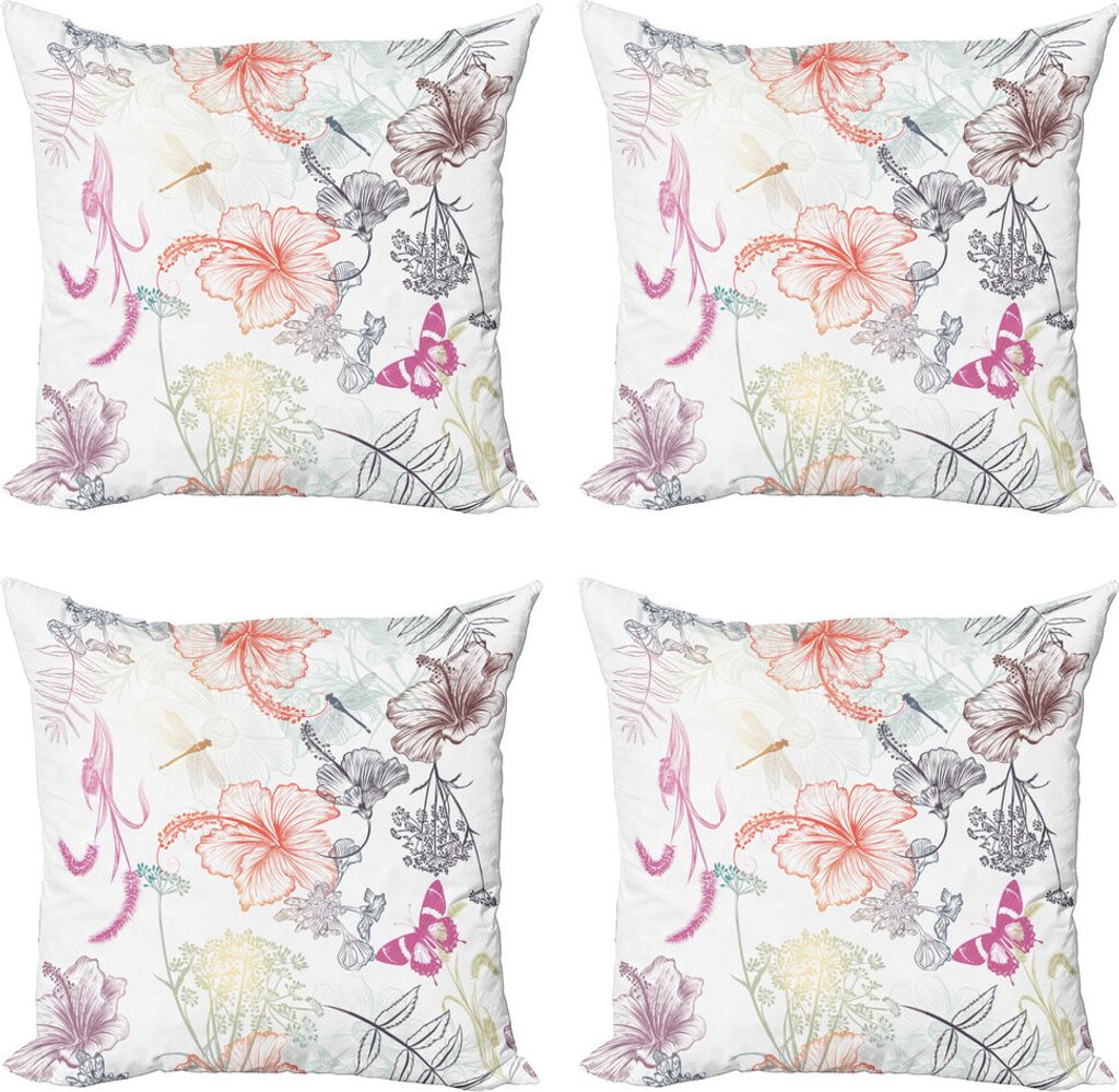 ABAKUHAUS Libelle Kissenbezug Set (4 Stück), Hibiscus Motte Verziert, Moderner Doppelseitiger Digitaldruck, 50 cm x 50 cm, Mehrfarbig