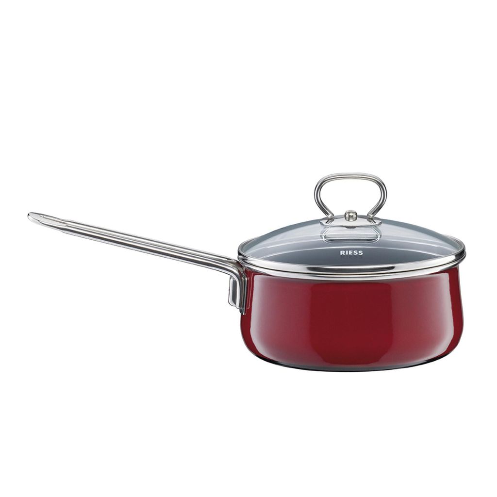 Riess Stielkasserolle mit Glasdeckel Ø16cm 1 Liter Emaille Nouvelle Rosso extra stark