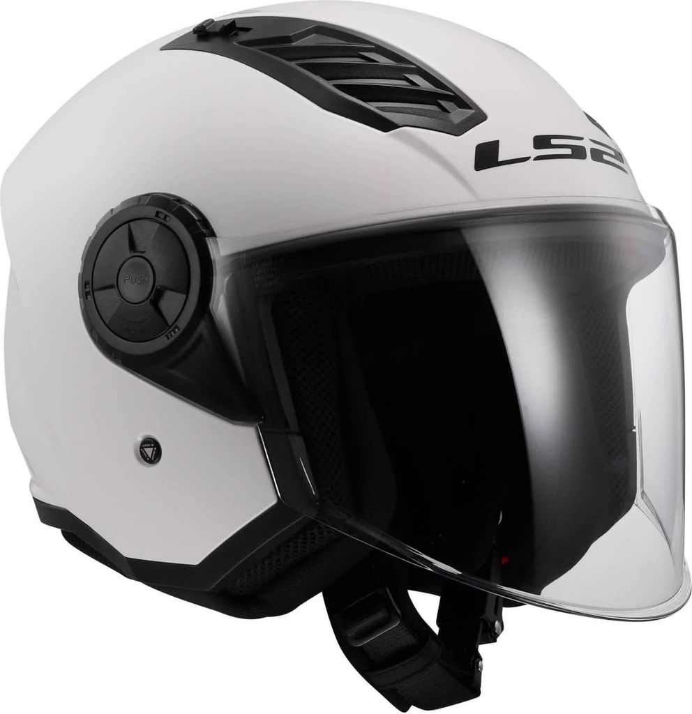 A white LS2 jet helmet with a clear visor.