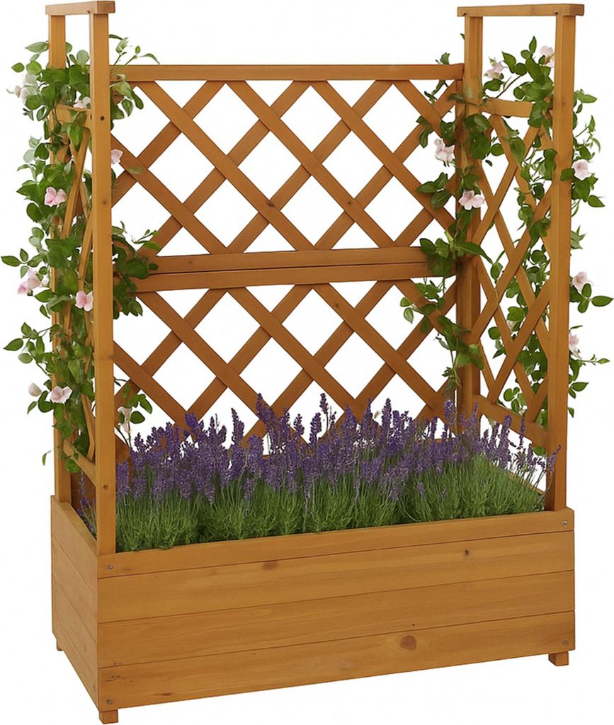 Hochbeet HWC-P67, Pflanz-/Blumenkasten Pflanzkübel Rankgitter Rankhilfe Spalier Holz 114x85x44cm natur