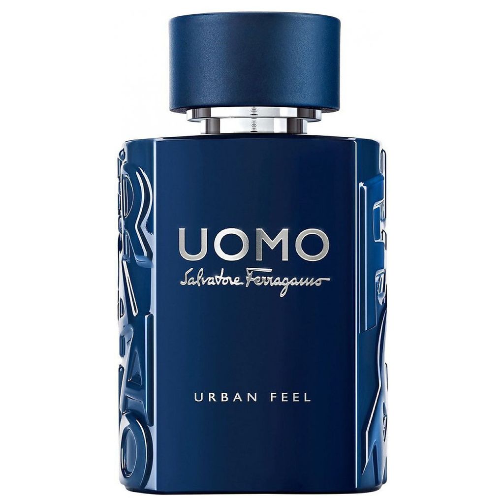 A product shot of a blue cologne bottle with silver text.