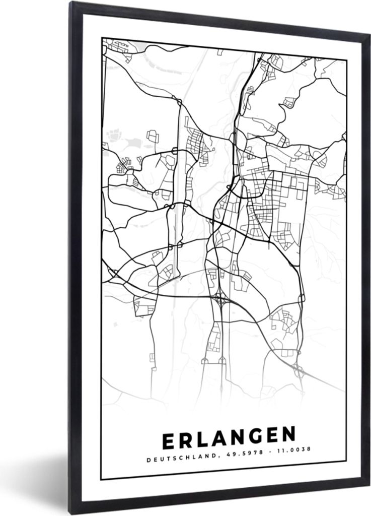 MuchoWow Gerahmtes Poster Karte - Erlangen - Stadtplan 40x60 cm - Poster mit Schwarzem Bilderrahmen Wandposter Rahmen Foto Bilder - Papierdruck -...