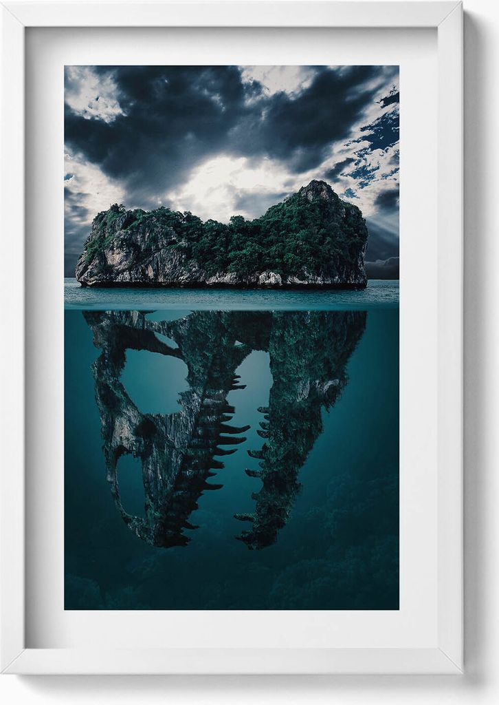 Abstrakte Illustration einer Totenkopfinsel– Wandbild mit Rahmen – Gerahmtes Bild – Wanddekoration – 40x60 cm – Weiß