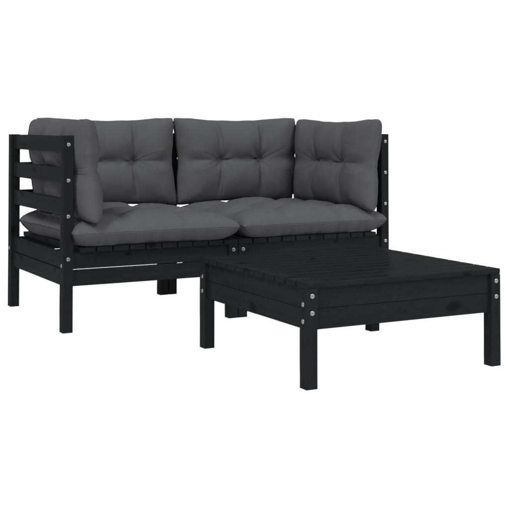 "im Angebot" 3-tlg. Garten-Lounge-Set - Loungesofa - mit Kissen Schwarz Massivholz Kiefer - Stapelsessel CC20739