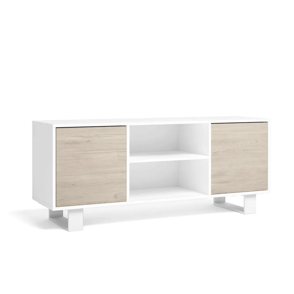 WIND Meuble TV Blanc et Chêne 137x40x57cm - Support TV au Style Scandinave