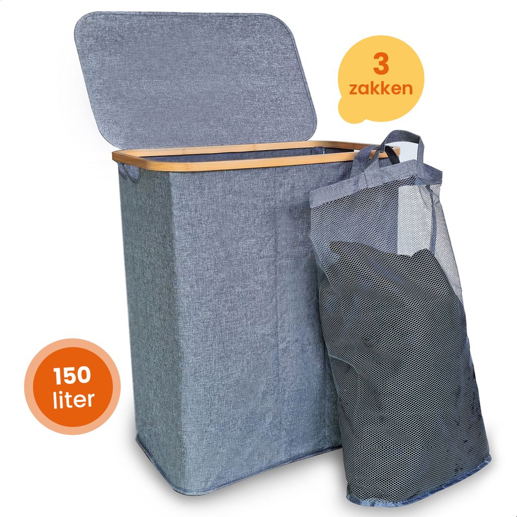 A grey laundry basket with a lid and a mesh bag next to it, with marketing text overlays.
