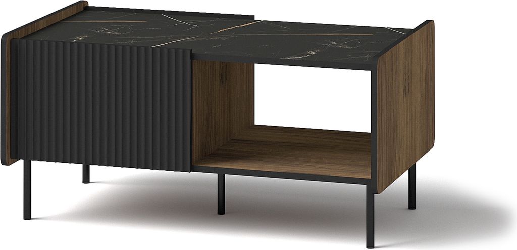 Couchtisch Kaffetisch geriffelt mit hohem Bein PRESTIGO Schwarz + Nussbaum