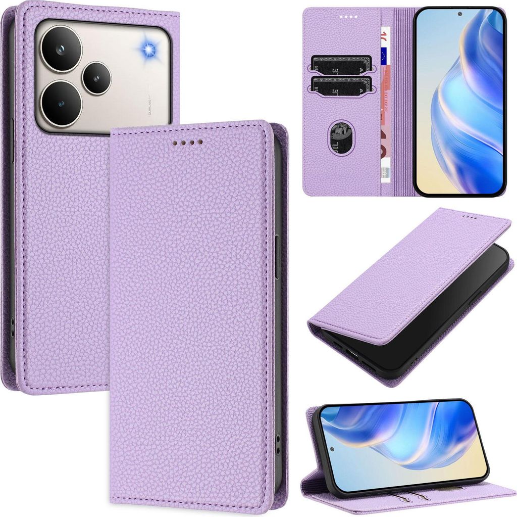 Litchi Leder Handyhülle für Realme P4 Pro Wallet Kartenfächer Standfunktion Hülle Violett