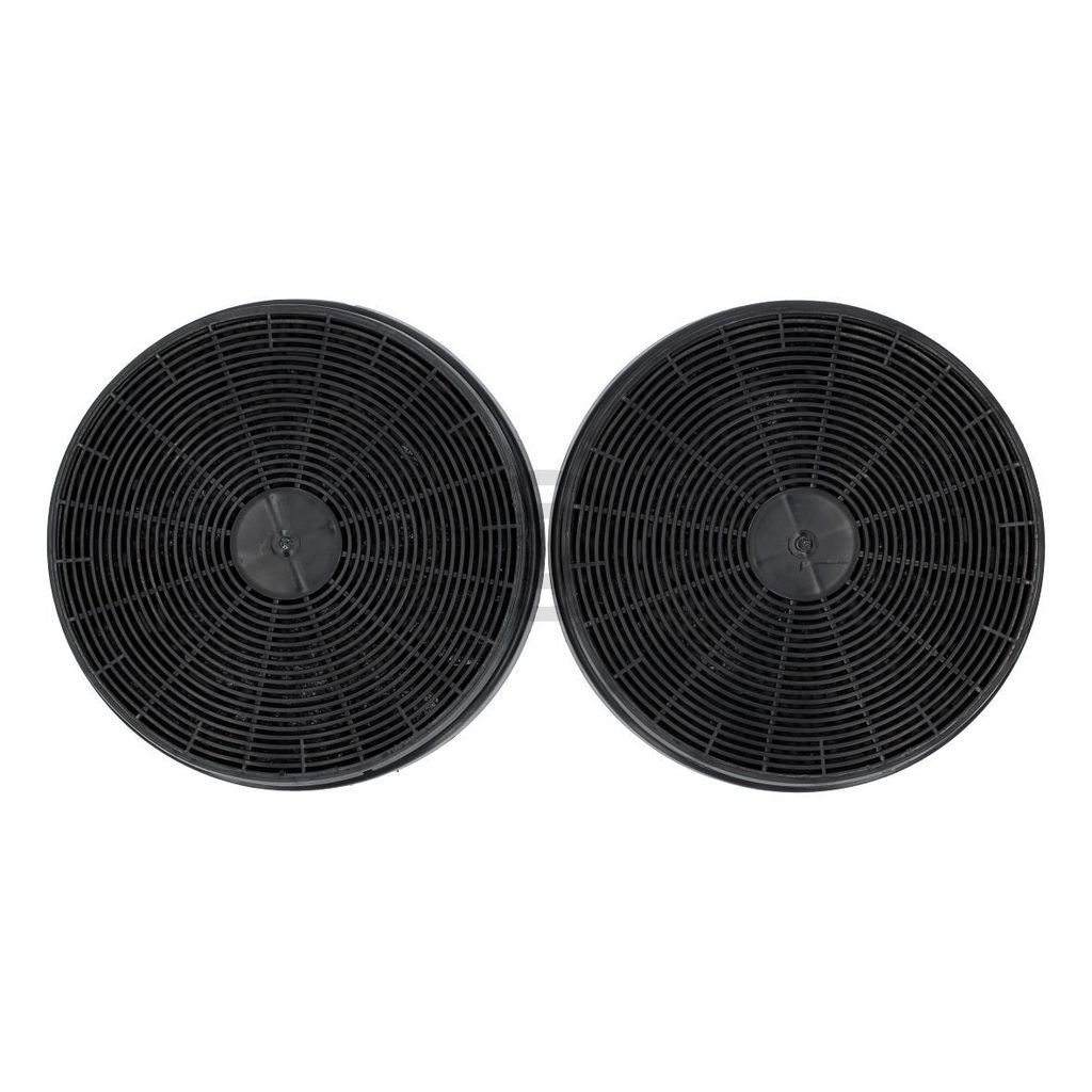 Two black charcoal filters for a range hood are placed side-by-side against a white background.