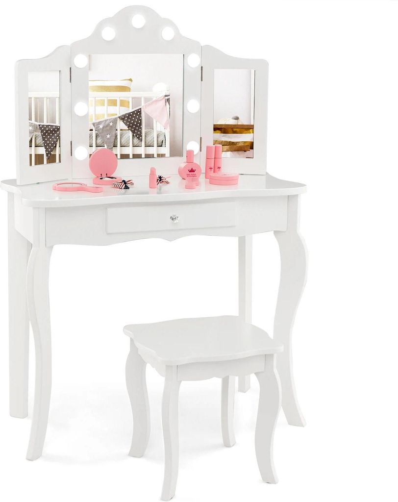 2-in-1 Kinderschminktisch - Frisiertisch - LED-Beleuchtung - Klappspiegel - Schubladen - Holz - Prinzessin-Design - Weiß