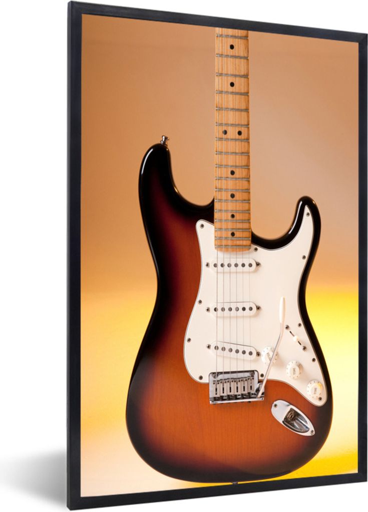 MuchoWow Gerahmtes Poster Eine E-Gitarre mit orangefarbenem Hintergrund 20x30 cm - Poster mit Schwarzem Bilderrahmen Wandposter Rahmen Foto Bilde...