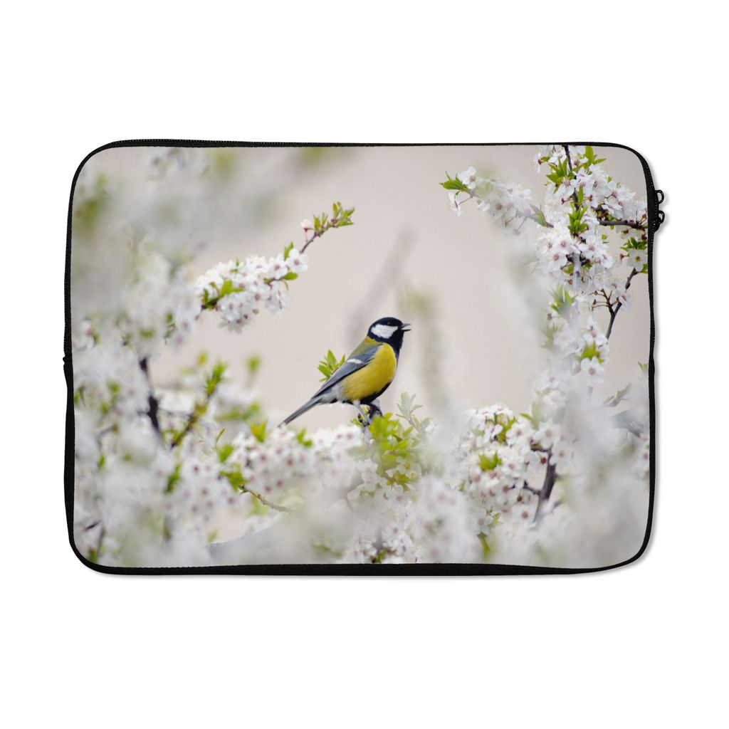 MuchoWow Laptop Hülle 13 Zoll Vogel - Kohlmeise - Blumen - Blütenbaum Laptoptasche - Laptophülle - Sleeve - Rundumschutz