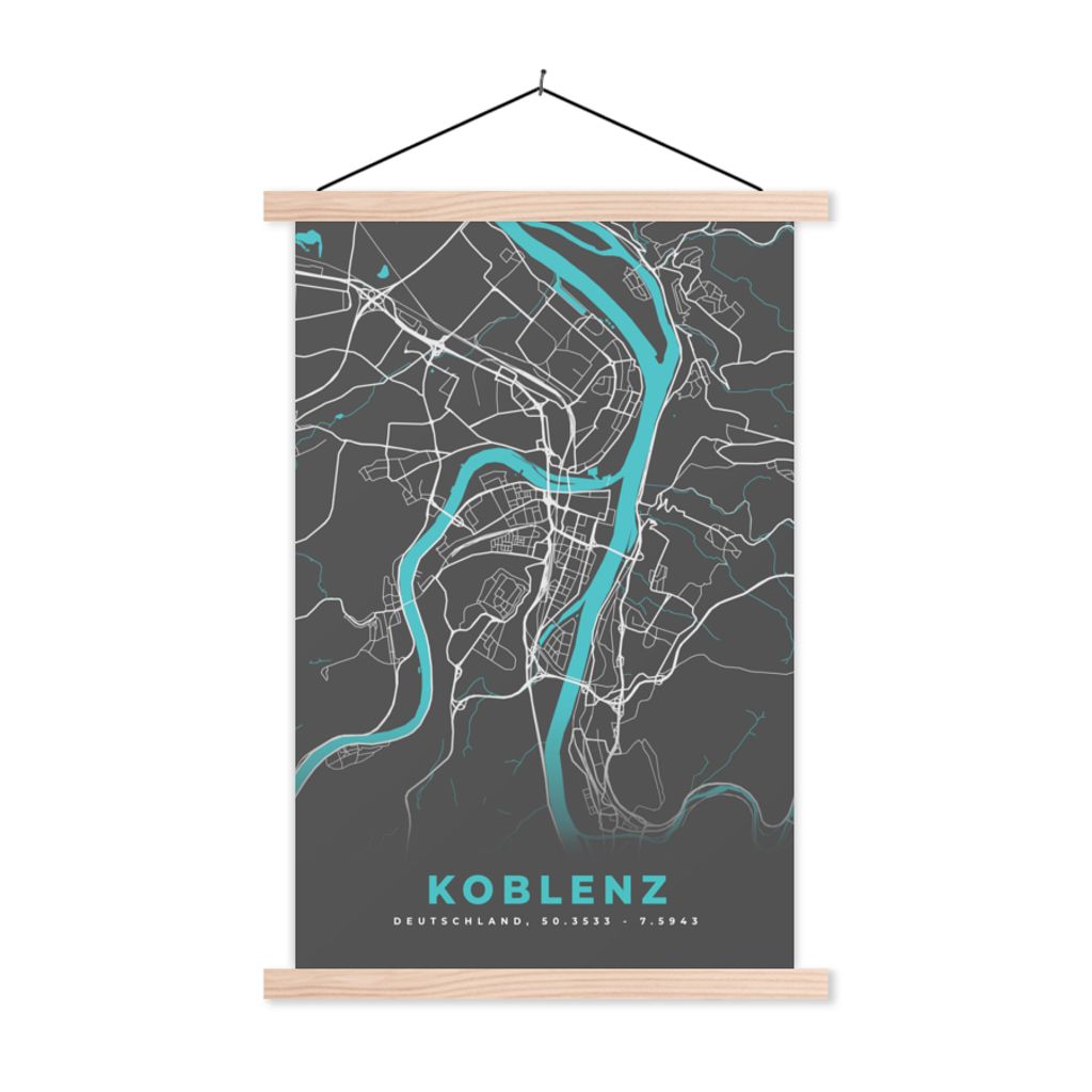MuchoWow Textilposter Karte - Koblenz - Blau - Stadtplan - Deutschland 60x90 cm mit holzfarbenen Rahmen - Textil