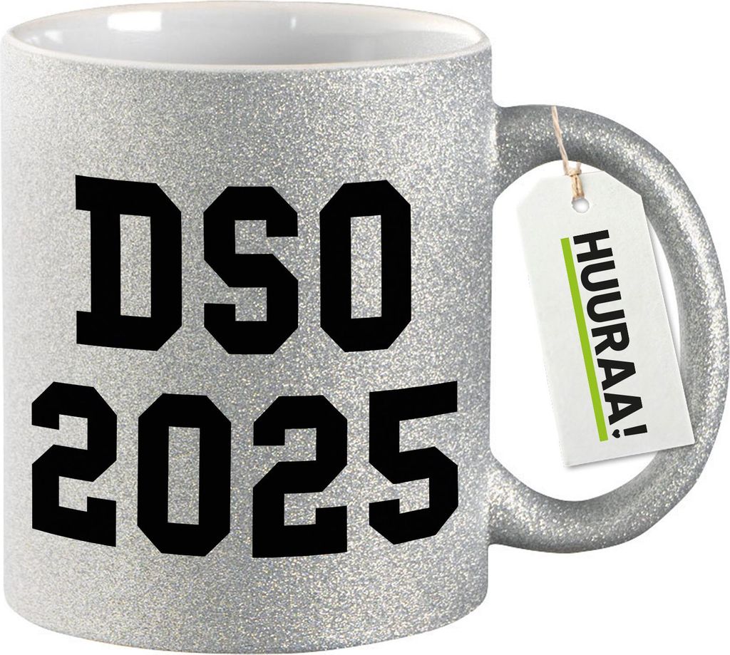 Huuraa Glitzertasse DSO 2025 Abschluss Belgien (ndl.) 330ml Silber Keramik Kaffeebecher Geschenkidee