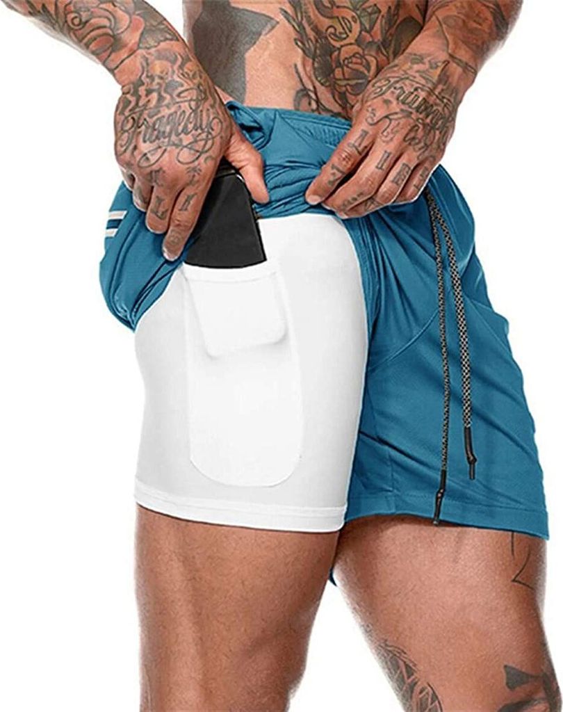 ASKSA Herren 2 in 1 Shorts Laufshorts Dual Kurze Sporthose Männer Fitness Laufhose Sport Hosen Trainingshose(Blau,3XL)