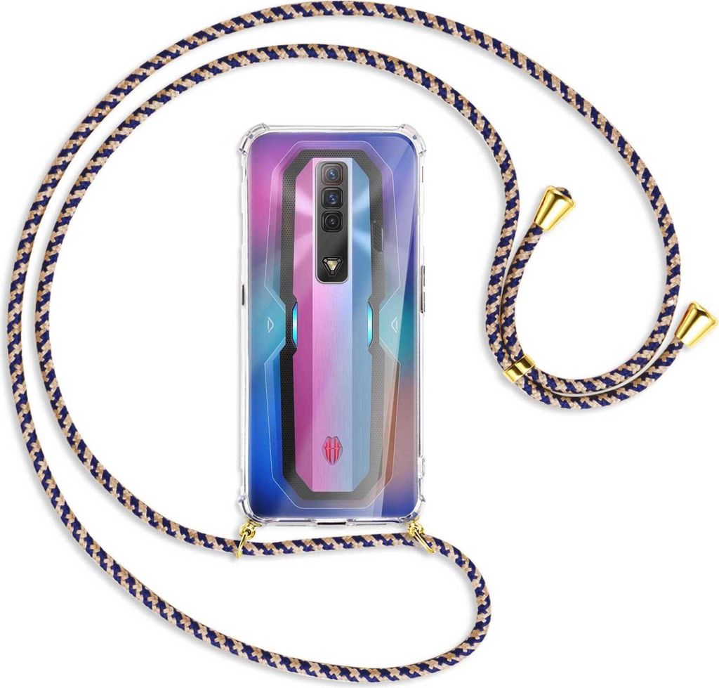 Handykette Backcover-Schutzhülle mit Band (Metall goldfarben) für ZTE nubia Red Magic 7 - blau+beige