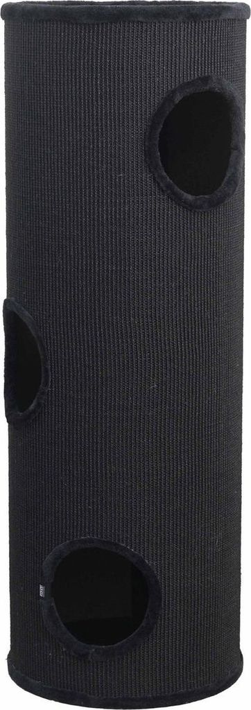 A black cylindrical cat scratching post with three circular openings.