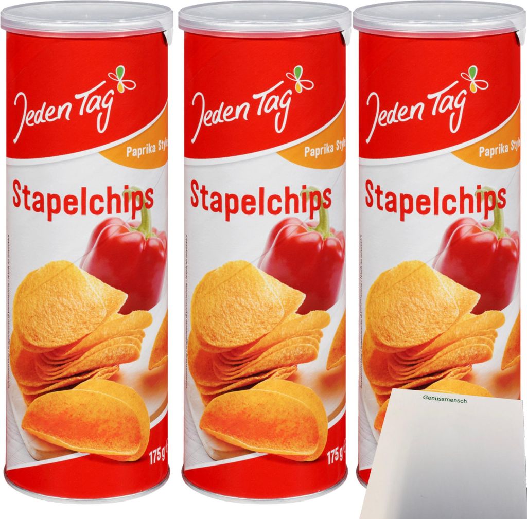 Jeden Tag Stapelchips Paprika 3er Pack (3x175g Packung) + usy Block